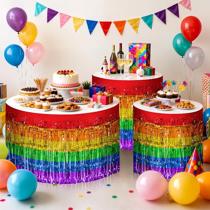 2 Pack Rainbow Table Skirts, 29x108" Metallic Foil Tinsel Fringe Table Skirts for Rectangle Tables Streamer Curtains Backdrop, Party Decorations for Birthdays Weddings Holidays