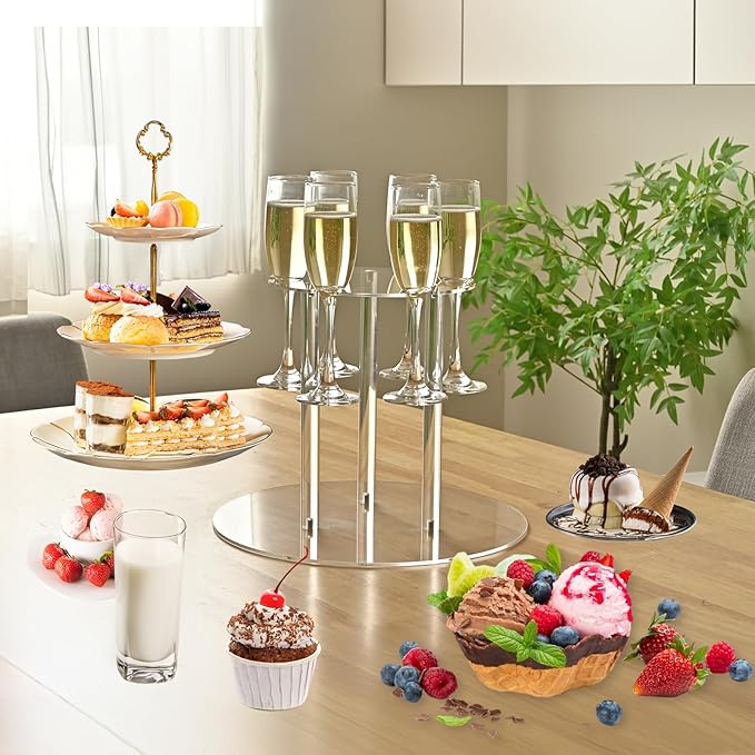 Champagne Tower, Circle Acrylic Champagne Display Rack Stand with 12 Slots, 2 Tiers Floating Sight Champagne Flute Holder for Party, Wedding, School, Celebration, 11.8x11.8x15.4 inch, 2 Pcs