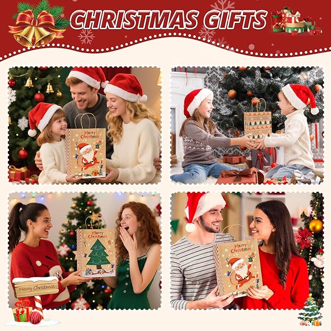 LYLIN 10Pcs Kraft Christmas Gift Bags, Christmas Tote Bags with Handles for Holiday, Reusable Xmas Treat Bags for Wrapping Gifts, Party Favors and Holiday Decor (5 Medium, 5 Small)