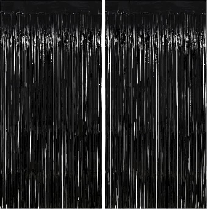 Black Streamers Party Decorations - Thicken 2 Pack 3.2 x 8.2 FT - Black Tinsel Foil Fringe Backdrop Curtains, Photo Booth Props for Birthday, Halloween, Retirement, Bachelor Party Decorations
