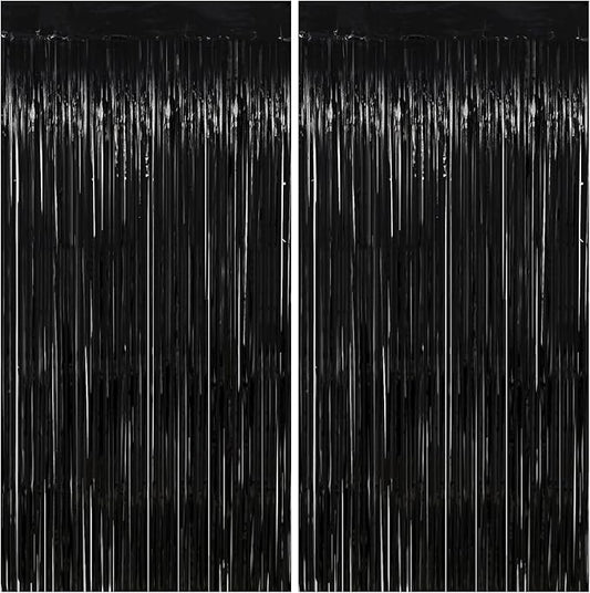 Black Streamers Party Decorations - Thicken 2 Pack 3.2 x 8.2 FT - Black Tinsel Foil Fringe Backdrop Curtains, Photo Booth Props for Birthday, Halloween, Retirement, Bachelor Party Decorations
