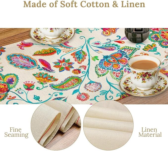 Paisley Table Runner, Watercolor Floral Oriental Indian Traditional Tulips Leaves Bohemian Paisley Print Table Runner for Kitchen Dining Tables Party Decor, 13x36inch
