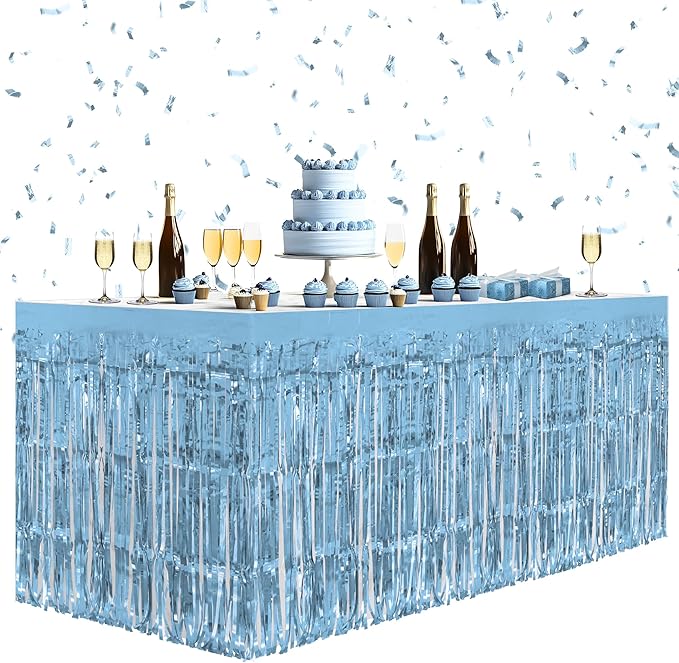 2 Pack Light Blue Table Skirts, 29x108" Metallic Foil Tinsel Fringe Table Skirts for Rectangle Tables Streamer Curtains Backdrop, Party Decorations for Birthdays Weddings Holidays
