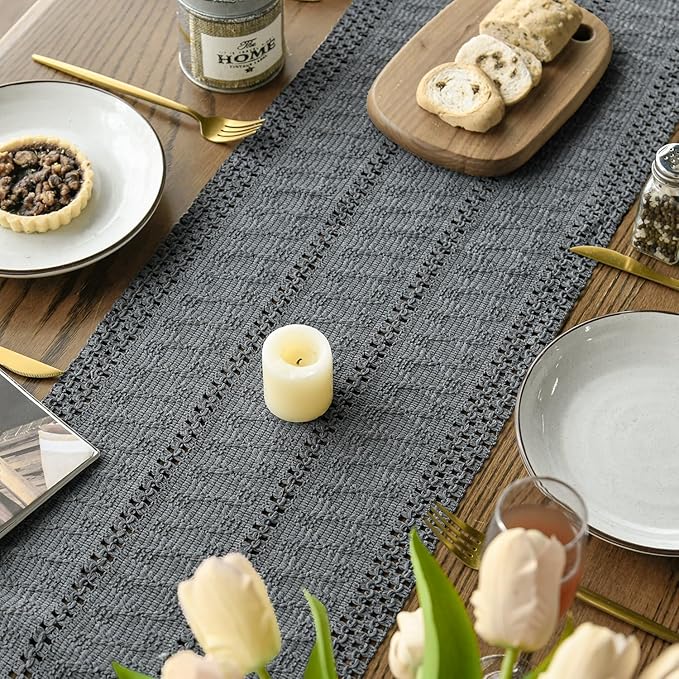 Artoid Mode Dark Grey Farmhouse Woven Rustic Hollow Table Runner, Seasonal Holiday Hollow Kitchen Dining Table Decoration for Home Party Decor 12x90 Inch