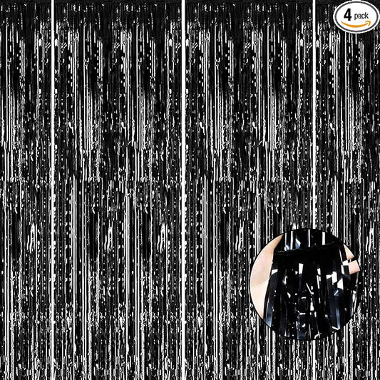 4 Pack Black Foil Fringe Curtain Backdrop, 3.28Ft x 8.2Ft Metallic Tinsel Streamer Curtains for Party, Photo Booth Props, Birthday, 2022 Graduation Decoration Party Supplies