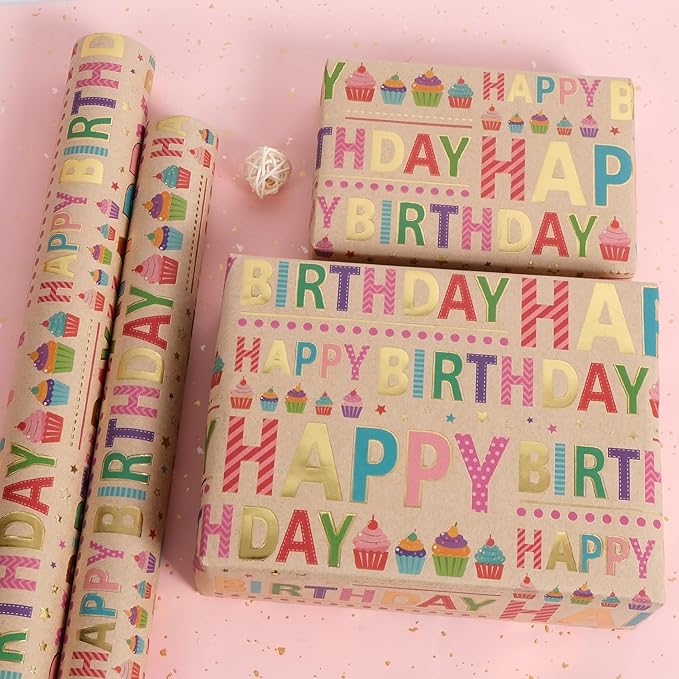 Aimyoo Colorful Birthday Wrapping Paper Roll - 17 Inch X 16.4 Feet - Gold Foil Happy Birthday Lettering & Cupcake Design Gift Wrap for Kids, Baby Showers