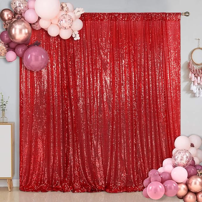 SquarePie Sequin Backdrop 10FT x 10FT Red Curtain Background for Wedding Party Decoration
