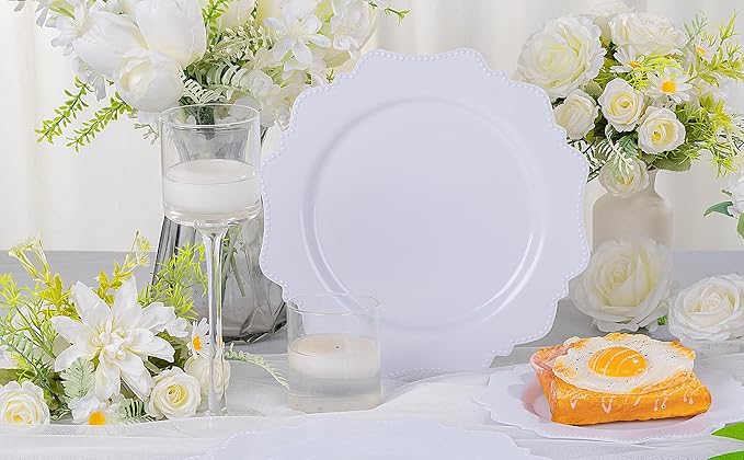 COLOSUS 100pcs 9.5 Inch-White Plastic Dinner Plates, Fancy White Plastic Plates,Heavy Duty Disposable Dinner Plates for Party Wedding and Everyday Use