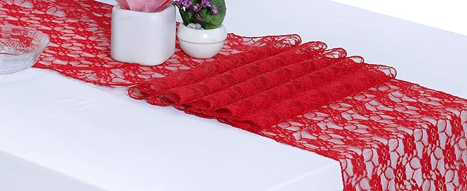 MDS Pack of 25 Wedding 12 x 108 inches Lace Table Runner for Wedding, Decorations for Birthday Parties, Banquets, Graduations, Engagements, and Runners fit Rectangle, Round Table- Red
