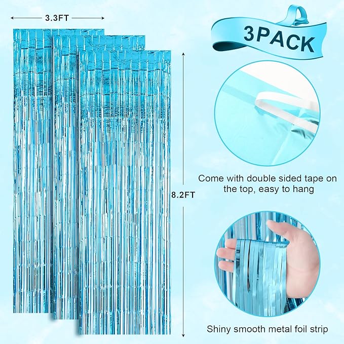 3 Pack 3.3x8.2 Feet Light Blue Foil Fringe Backdrop Curtains, Tinsel Streamers Birthday Party Decorations, Fringe Backdrop for Graduation, Baby Shower, Gender Reveal, Disco Party
