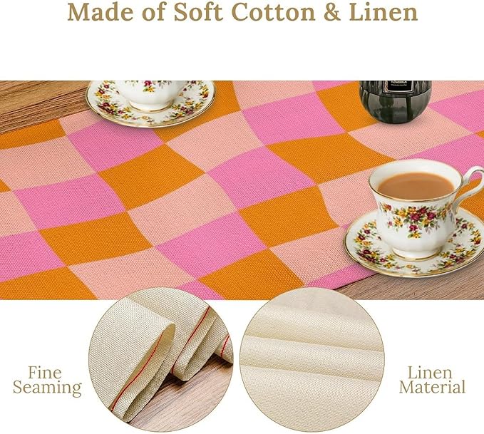 Checkered Table Runner Orange Retro 60s70s Boho Style Kitchen Restaurant Decoration Suitable for Indoor and Outdoor Festival Home Wedding Party Table Runner 13x108 Inch