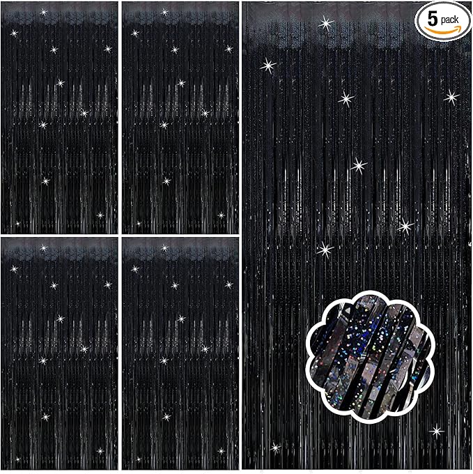 5 Pack Black Photo Backdrop Party Streamers Metallic Tinsel Curtains for Birthday Halloween Decor Bachelorette Wednesday Wizard Party