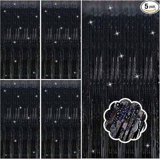 5 Pack Black Photo Backdrop Party Streamers Metallic Tinsel Curtains for Birthday Halloween Decor Bachelorette Wednesday Wizard Party
