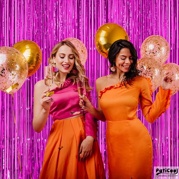 Hot Pink Streamers - Thicken 4 Pack 3.2x8.2 FT - Hot Pink Tinsel Foil Fringe Backdrop Curtains for Birthday, Bachelorette, Graduation, Summer Hawaiian Party Decorations