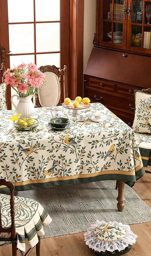patdrea Designer Vintage French Floral Square Tablecloth,Yellow Brids Green Leaves Pattern Linen Table Cloth,Decor Kitchen Dining Holiday Banquet Christmas,Thanksgiving,Party,67"x67"-Warbler