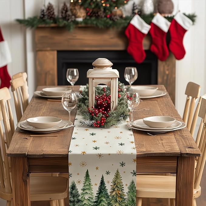 GEEORY Christmas Table Runner 13x48 Inch, Xmas Tees Snowflakes Holiday Decorative Farmhouse Table Decoration for Kitchen Dinning, Indoor Outdoor Dinner Party Decor (Light Green) GT166-48