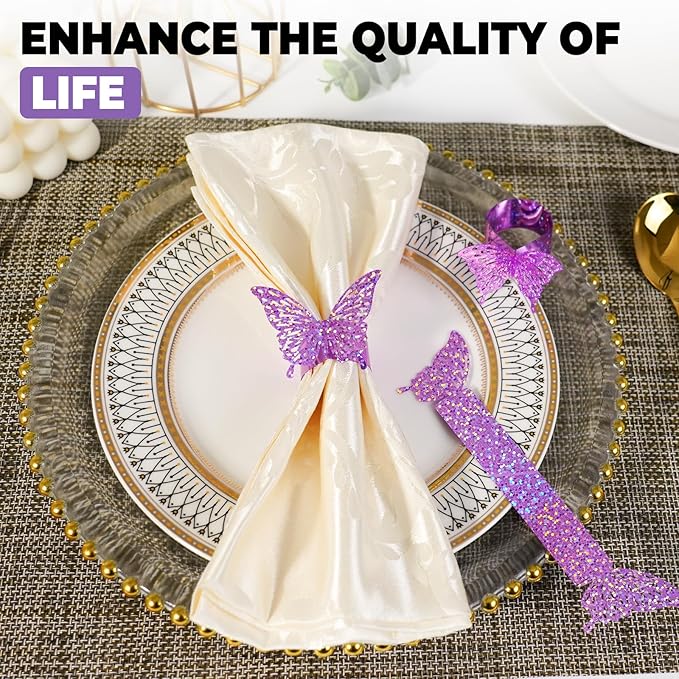 100 Pcs 3D Purple Sequined Butterfly Napkin Rings Silverware Wraps Bands,Iridescent Table Setup Wedding Valentines Day Event Party Supply Table Settings, Glossy Serviette Buckles Decor（Purple）