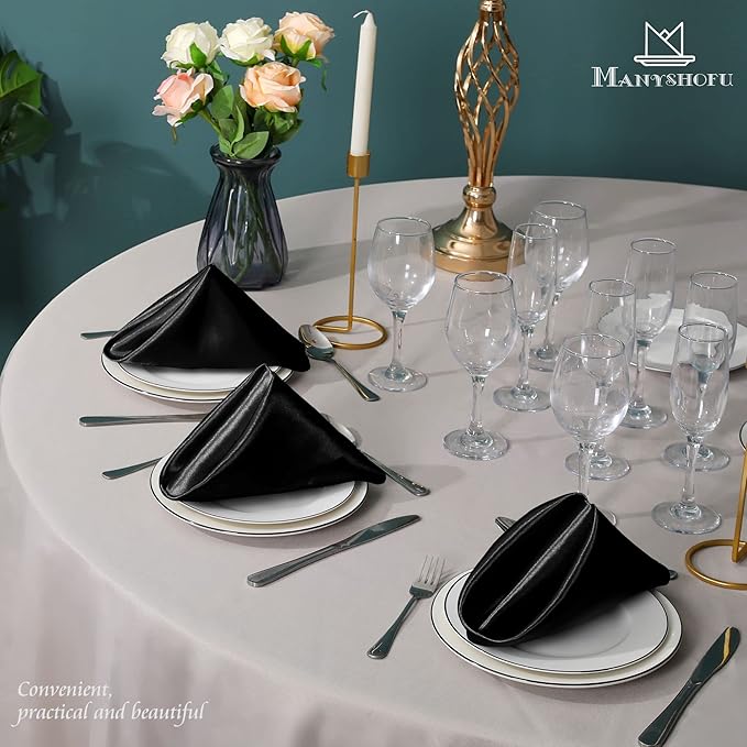 Manyshofu 50 Pieces Black Satin Napkins - 12x12 Inches Cloth Napkins, Square Satin Fabric Napkin Set - Elegant & Smooth Table Napkins for Wedding Dinner Party Lunch Banquet