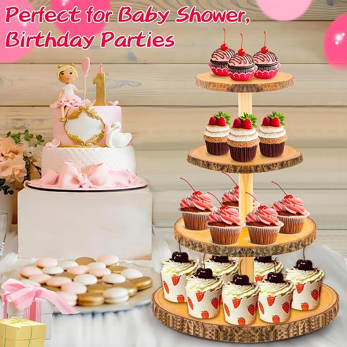 Cupcake Stand Wood Dessert Stands 4 Tier Wooden Cupcake Stand - Large Capacity, Bark-Covered, Varnished, Multi-Functional for Weddings, Baby Showers, and Parties.