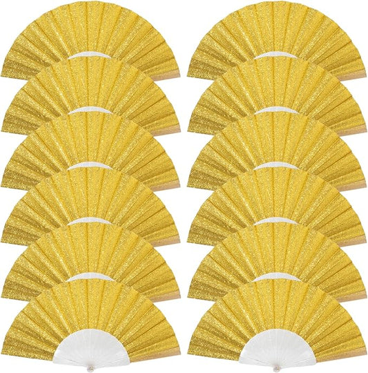 12 Pack Handheld Fan,Folding Hand Glitter Fan with Shining Transparent Fan Rib – Ideal for Wedding, Church, Festival, Dance, Tea Party, Club, and EDM Accessories, Yellow
