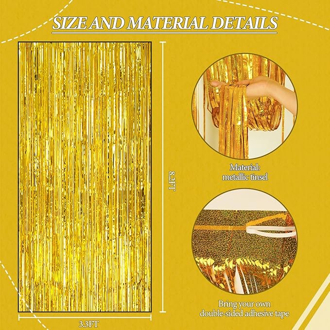 3 Pack Foil Fringe Backdrop - Laser Gold Shiny Tinsel Curtains for Party Decoration/Photo Booth Props - 3.3x8.2 FT Metallic Foil Backdrop for Birthday, Wedding, Graduation, Christmas.