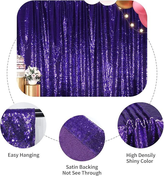 SquarePie Sequin Backdrop Curtain Not See Through Thick Glitter Background for Party 6FT x 6FT Purple
