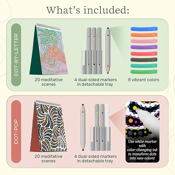 Lifelines FlowArt Activity Pad, 4-Pack - Guided Art Meditations with Markers - Color by Number/Letter, Dot Art and More Coloring Books for Teens, Adults & Seniors