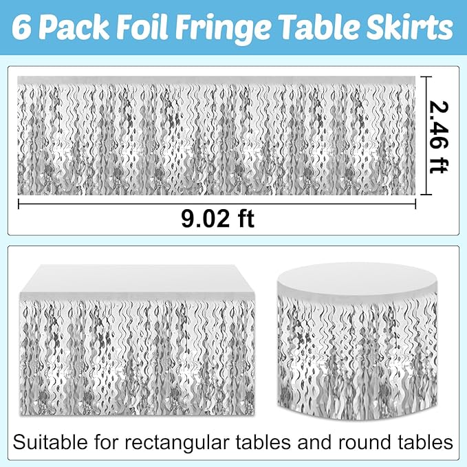 6 Pack 29x108 Inch Silver Wave Foil Fringe Table Skirts Metallic Banner for Tinsel Streamer Garland Backdrop for Parade Floats Wedding, Mother's Day, Birthday Mardi Gras Party Decorations
