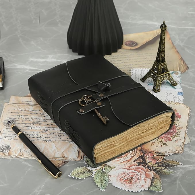 Leather Journal with Lined and Unlined Deckle Edge Paper 8x6 inch and Vintage Key | Handmade Writing Notebook Diary | Bound Daily Notepad for Men & Women Medium, Sketch/Writing pad for Artists