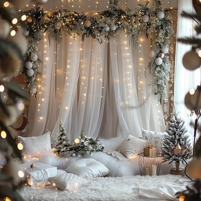 Fomcet Tulle Curtains with Lights String White 30FT X 10FT Sheer Backdrop Curtains for Parties Wedding Baby Shower Photo Shoot Decorations (6 Panels 5 x 10FT)