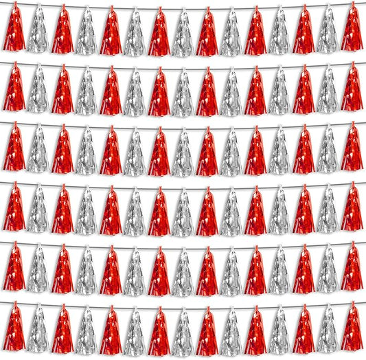 6P Red Silver Foil Fringe Metallic Tassel Streamers Banner Tassel Garland for Parade Floats, Bachelorette, Wedding, Birthday, Graduation, Christmas, Bridal/Baby Shower Party Decorations