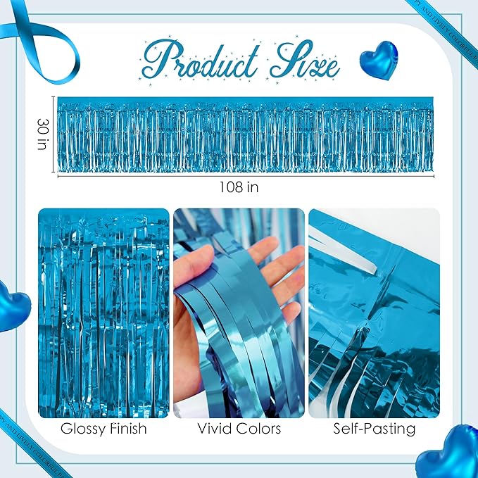 4 Pack Lake Blue Table Skirts, 29x108" Metallic Foil Tinsel Fringe Table Skirts for Rectangle Tables Streamer Curtains Backdrop, Party Decorations for Birthdays Weddings Holidays