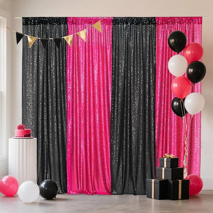 Eternal Beauty Black and Hot Pink Backdrop 4 PCS-2x8 Ft Sequin Curtain Panels for Christmas Party, Birthday