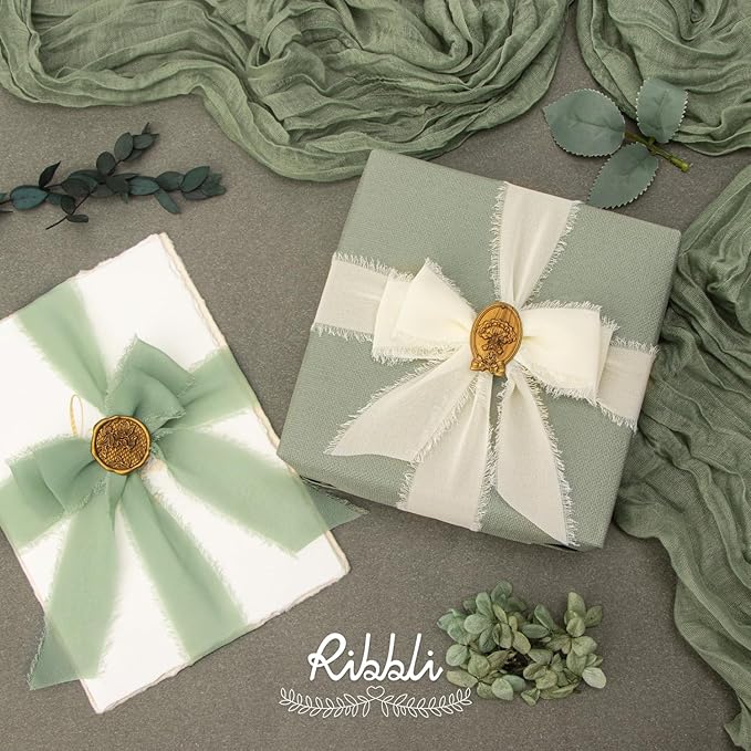 Ribbli Chiffon 1.5 Inch x 30 Yard Handmade Silk Ribbon - Ivory/Sage Green/Dusty Blue Fringe for Wedding Invitations, Bridal Bouquets, Wrapping, Flower Arrangement Decoration