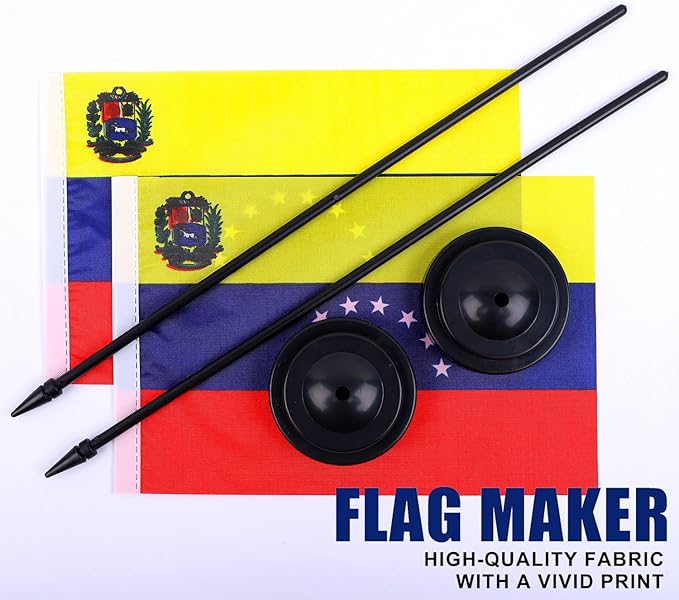 Venezuela Desk Flag 12" Solid Pole Deluxe Set Venezuelan Flags Banner Mini Small Venezuela Office Table Flags with Black Stand Base Desktop Decorations(2Pack)