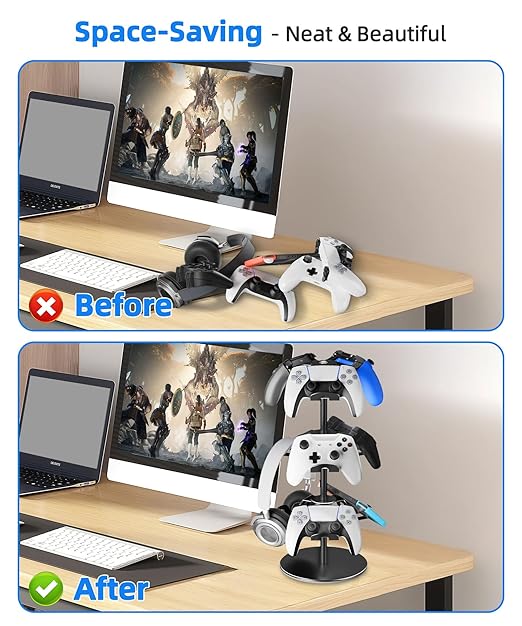 Aluminum Alloy Controller Holder 3 Layers,360 Degree Rotation Tier,Gaming Controller Stand for Xbox PS5 PS4 Switch,Headphone Stand,Headset Holder & Desk Mounts for 9 Packs Controller