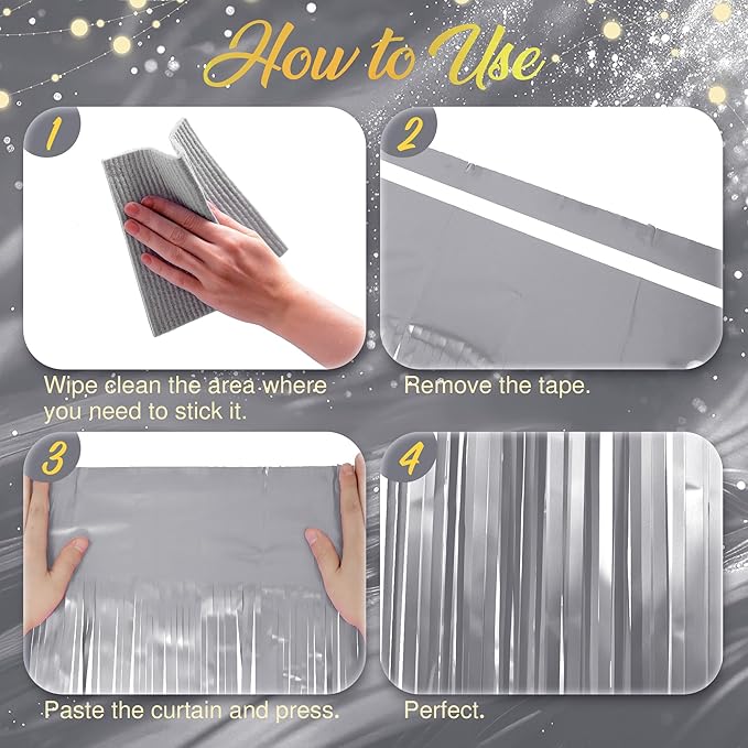 2 Pack Metallic Silver Fringe Backdrop, 3.2x8.2ft Shining Foil Tinsel Curtains, Birthday Party Decorations Door Streamers for Halloween, Christmas, Wedding, Graduation, Holiday, Theme Events