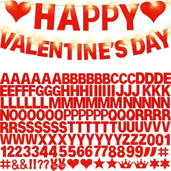 167Pcs DIY Glitter Customizable Banner Kit Happy Birthday Custom Letter Banners Happy Valentine's Day Banners Love Heart Personalized Banner Decor Birthday Party Decorations Supplies(Glitter Red)