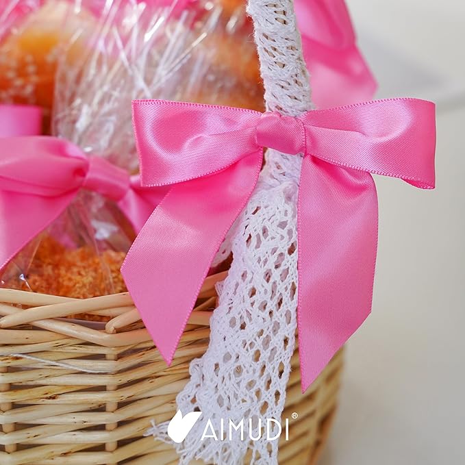 AIMUDI Hot Pink Bows 2.5" Pink Ribbon Valentine's Day Twist Tie Bow Pre Tied Bows Premade Bows for Crafts Treat Bags Cake Pop Party Decorations Candy Apple Box Wedding - 50 Counts