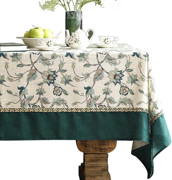 patdrea Designer Green Linen Long Table Cloth for Rectangle Table,Vintage Floral Pattern Durable Tablecloth,French Cover Decor for Kitchen Dining,Christmas,Thanksgiving,Tea Party,63"x102"-Noah
