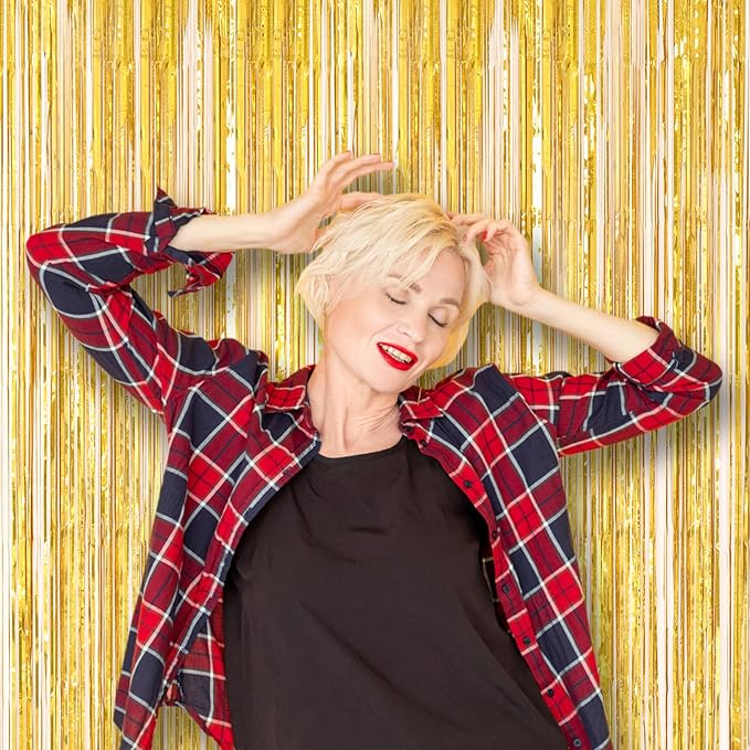 3 Pack 3.3 x 8.2 ft Laser Gold Foil Fringe Backdrop Curtains, Tinsel Streamers Birthday Party Decorations, Fringe Backdrop for Graduation, Baby Shower, Gender Reveal, Disco Party
