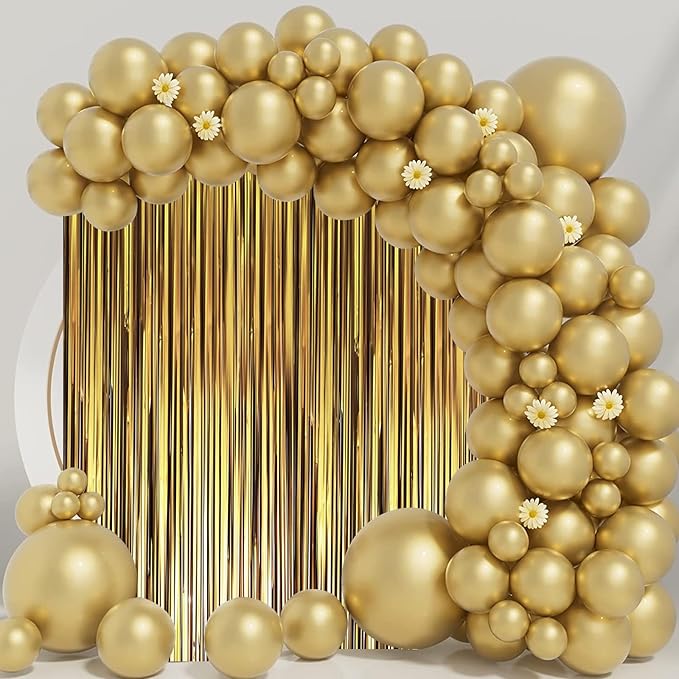 3 Pack 3.3 x 8.2 ft Matte Gold Foil Fringe Backdrop Curtains, Tinsel Streamers Party Decorations, Fringe Backdrop, Door Shimmer for Graduation, New Years Eve, Birthday Party