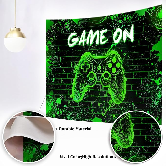 Mocsicka Game On Backdrop Video Game for Boys Level Up Birthday Party Decoration Game Night Arcade Neon Glow Gamer Banner Photography Background (Green, 8x6ft(96"x72"))