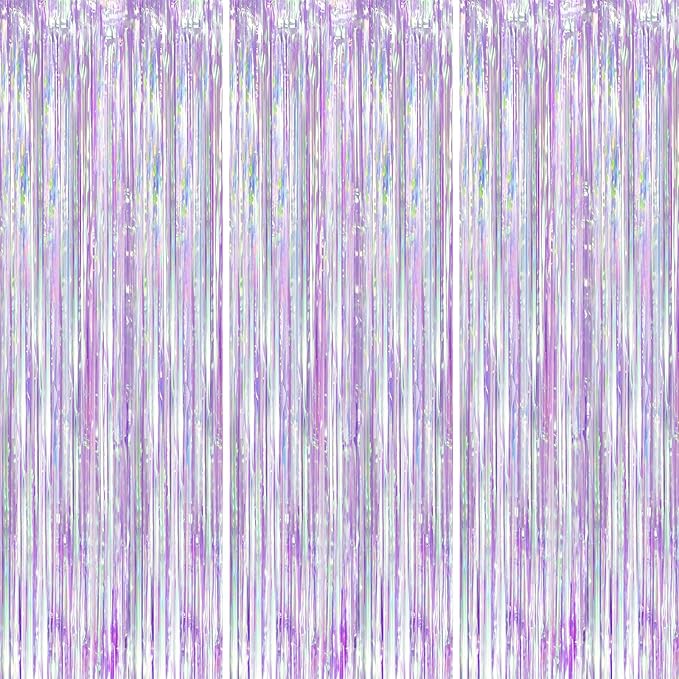 Iridescent Party Backdrop 3Packs, Transparent Tinsel Foil Fringe Curtain Streamers for Girls Birthday, Weddings,Engagement, Mermaid, Unicorn Theme Party Decorations 3.3x8.2ft