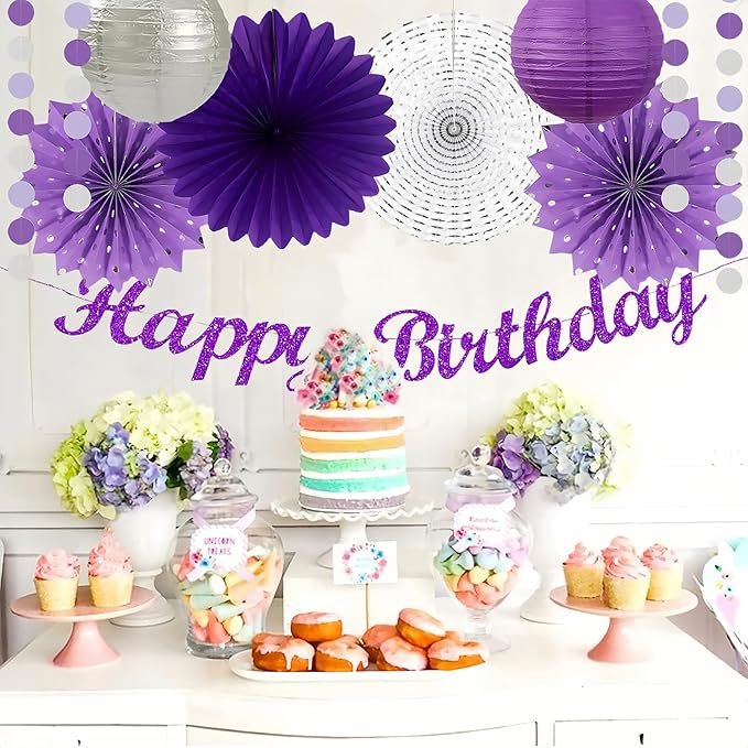 Purple and Silver Party Decorations-21PCS Happy Banner,Paper Lanterns Streamers,Tissue Pom Poms Honeycomb Flower Fan, Baby Bridal Shower Wedding Retirement Bachelorette Hanging Supplies Decor