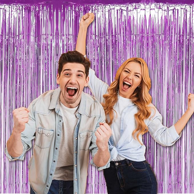 4 Pack Light Purple Foil Fringe Curtain Backdrop, 3.28Ft x 8.2Ft Metallic Tinsel Foil Fringe Streamers Curtains for Party,