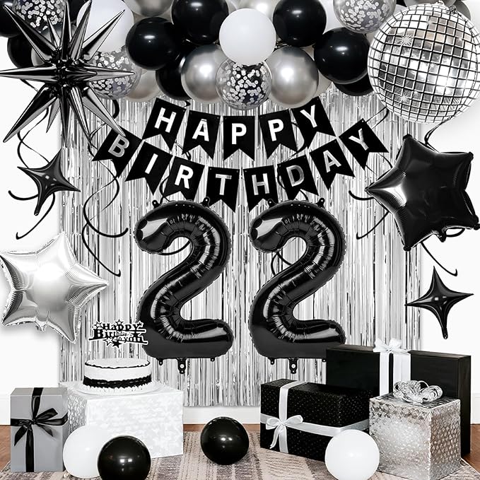 22nd Birthday Decorations for Men Women, Black Silver Happy Birthday Party Decorations， 22 Year Old Party Supplies with Number 22 Balloons, Banner, Fringe Curtains Kit