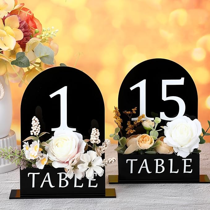 Table Number 1-15 for Wedding Reception Arch Acrylic Wedding Table Number with Flower Trough 5" x 7" Mirrored Rustic Centerpiece for Reception Bridal Shower Party Catering Banquet(Black)