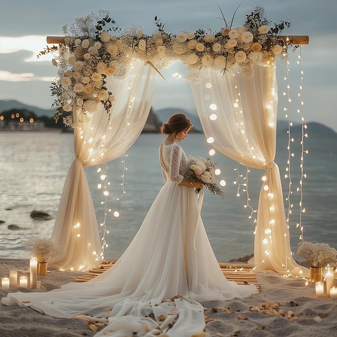 Tulle Backdrop Curtains with Lights String 10FT X 8FT Champagne Sheer Curtain with Lights Tulle Curtains Backdrop for Wedding Birthday Party Photo Shoot (2 Panels 5x8FT)