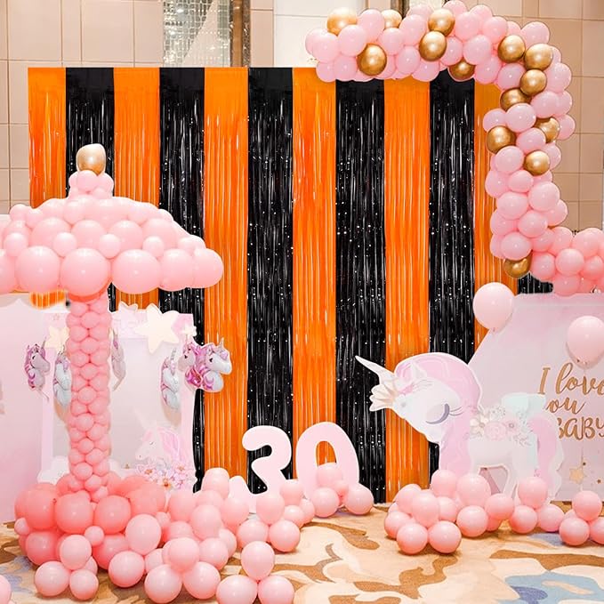 Orange Black Tinsel Foil Fringe Curtains, 2 Pack 3.3x8.3 Feet Party Streamer for Birthday Party Decorations, Halloween Decor, Foil Curtain Backdrop for Bachelorette Party